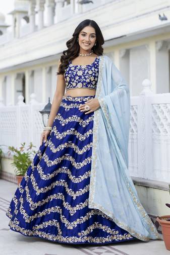 Blue Satin Sequin Embroidery Work Lehenga Choli with Dupatta For Women 