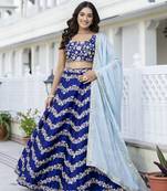 Blue Satin Sequin Embroidery Work Lehenga Choli with Dupatta For Women 
