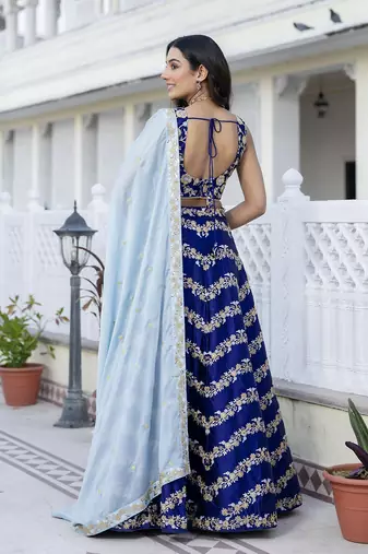 Blue Satin Sequin Embroidery Work Lehenga Choli with Dupatta For Women 