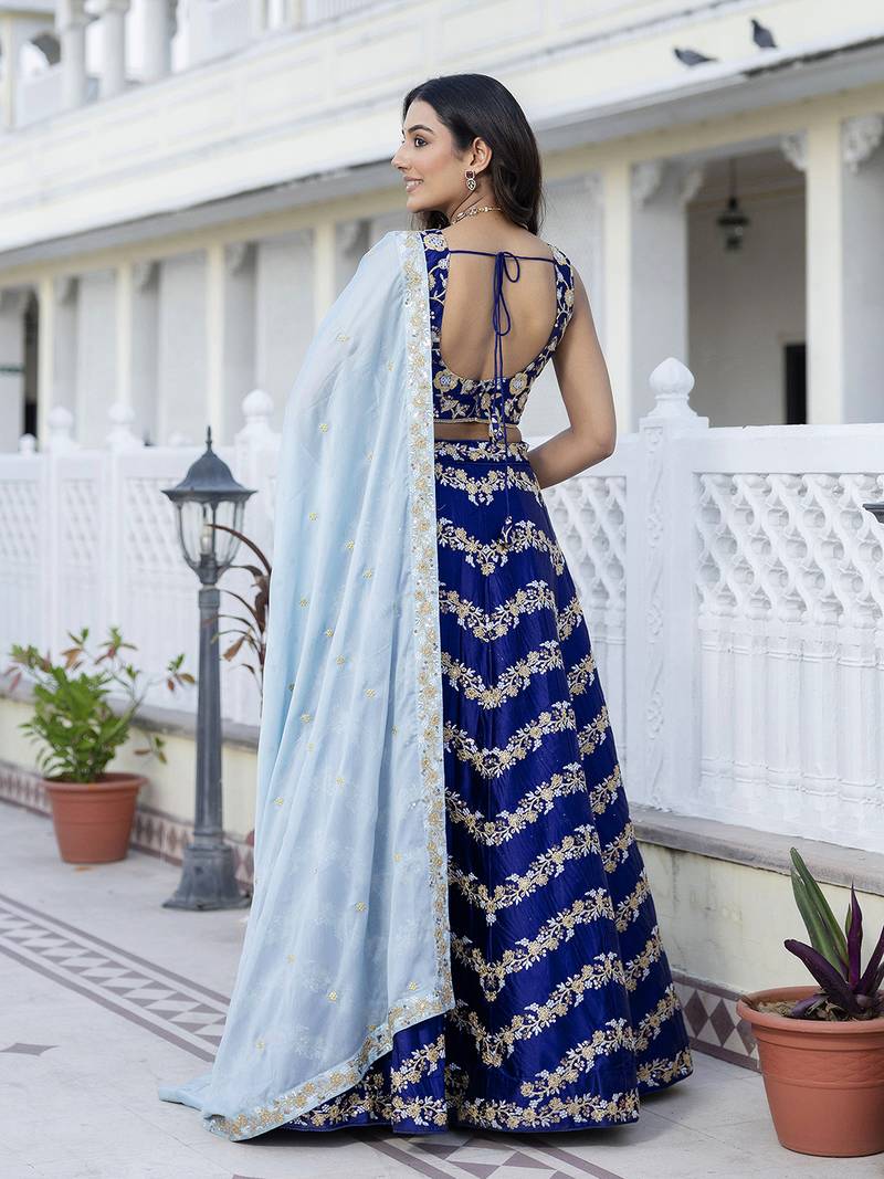Blue Satin Sequin Embroidery Work Lehenga Choli with Dupatta For Women 