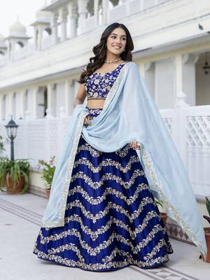 Blue Satin Sequin Embroidery Work Lehenga Choli with Dupatta For Women  3