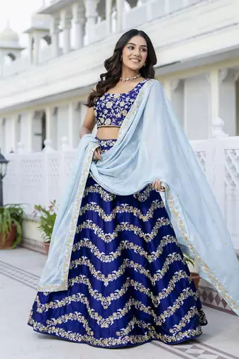 Blue Satin Sequin Embroidery Work Lehenga Choli with Dupatta For Women 