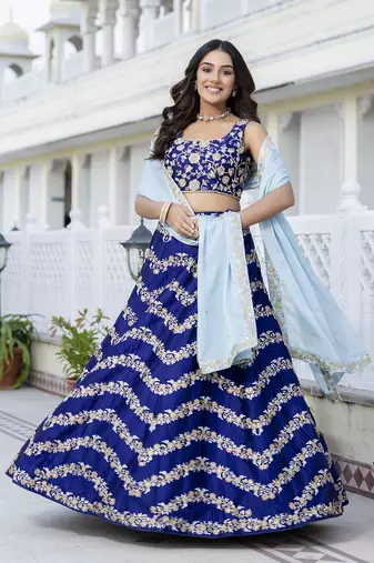 Blue Satin Sequin Embroidery Work Lehenga Choli with Dupatta For Women 