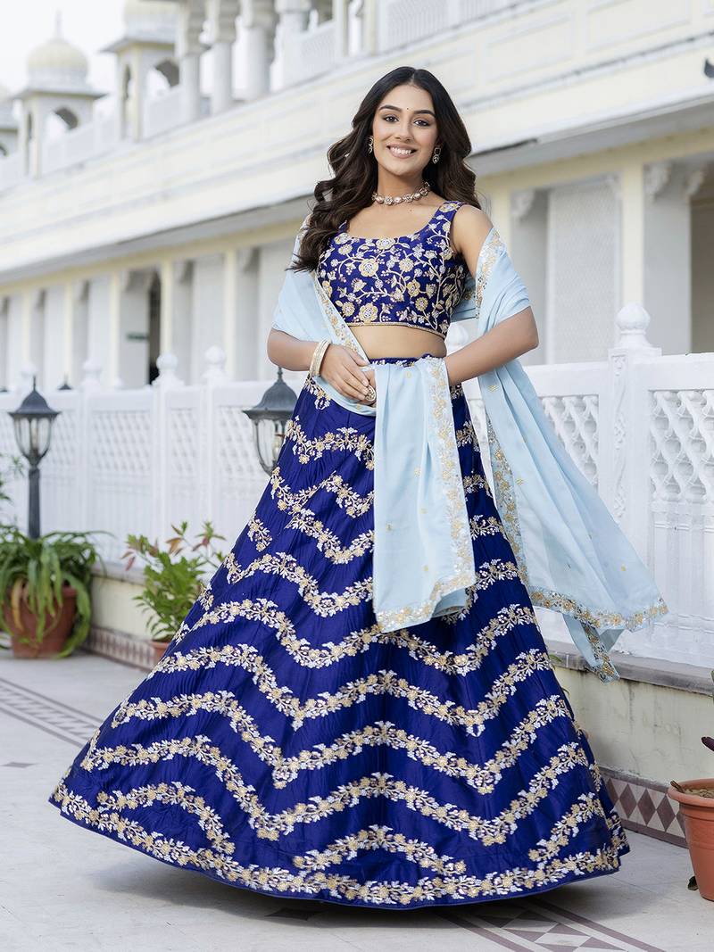 Blue Satin Sequin Embroidery Work Lehenga Choli with Dupatta For Women 