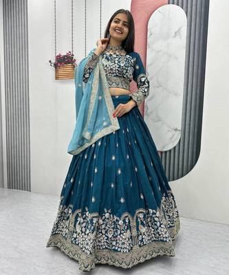 Teal Blue Vichitra Silk Embroidered Thread & Sequin Work Lehenga Choli with Dupatta 1