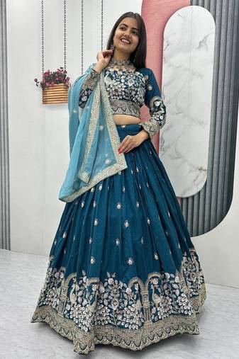 Teal Blue Vichitra Silk Embroidered Thread & Sequin Work Lehenga Choli with Dupatta