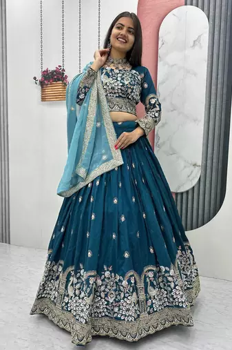 Teal Blue Vichitra Silk Embroidered Thread & Sequin Work Lehenga Choli with Dupatta
