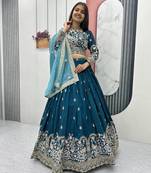 Teal Blue Vichitra Silk Embroidered Thread & Sequin Work Lehenga Choli with Dupatta