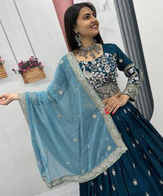 Teal Blue Vichitra Silk Embroidered Thread & Sequin Work Lehenga Choli with Dupatta 2