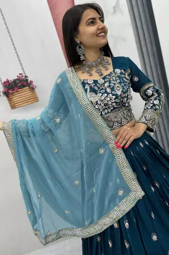 Teal Blue Vichitra Silk Embroidered Thread & Sequin Work Lehenga Choli with Dupatta
