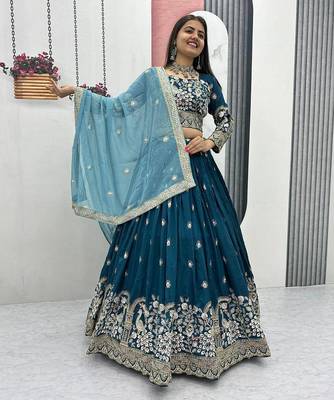 Teal Blue Vichitra Silk Embroidered Thread & Sequin Work Lehenga Choli with Dupatta 3