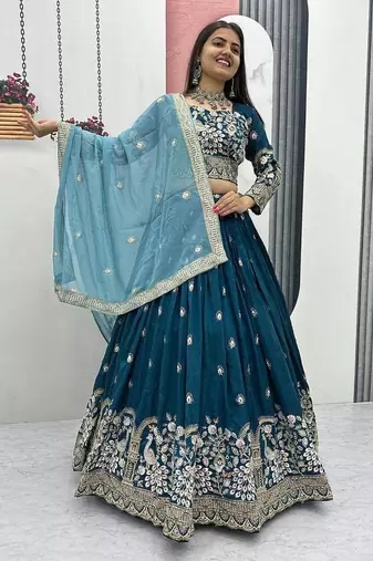 Teal Blue Vichitra Silk Embroidered Thread & Sequin Work Lehenga Choli with Dupatta