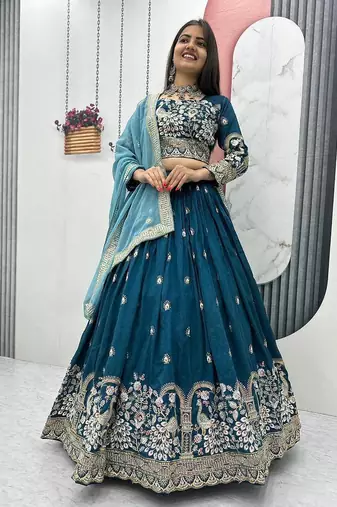 Teal Blue Vichitra Silk Embroidered Thread & Sequin Work Lehenga Choli with Dupatta