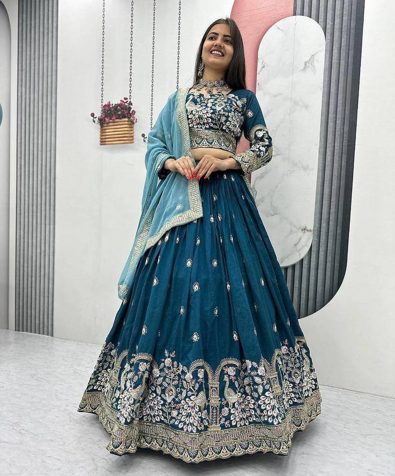 Teal Blue Vichitra Silk Embroidered Thread & Sequin Work Lehenga Choli with Dupatta