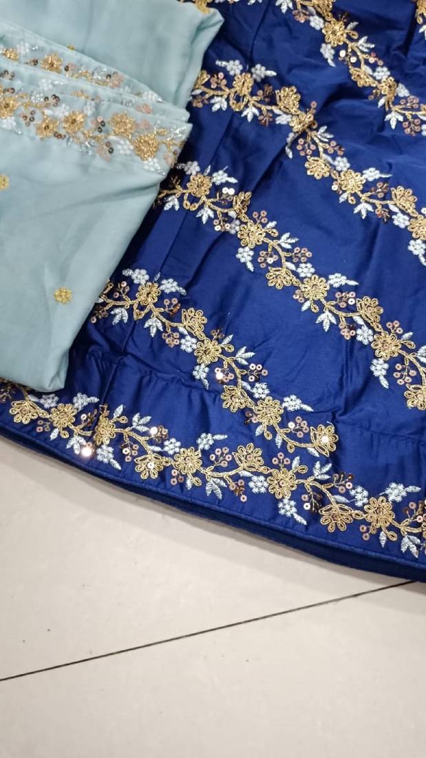 Blue Satin Sequin Embroidery Work Lehenga Choli with Dupatta For Women 