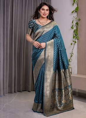 Teal Color Zari Woven Banarasi Art Silk Saree 5
