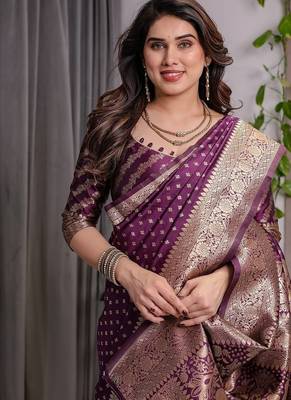 Wine Color Zari Woven Banarasi Art Silk Saree 1