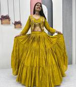 Mustard Chinon Embroidered Thread & Sequin Work Lehenga with Jacket Style Blouse