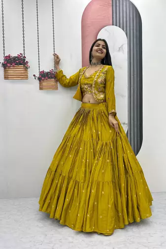 Mustard Chinon Embroidered Thread & Sequin Work Lehenga with Jacket Style Blouse