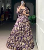 Lovender Floral Printed Tasar Silk Flared Lehenga with Stitched Blouse and Koti