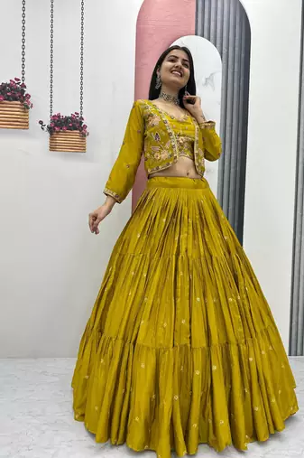 Mustard Chinon Embroidered Thread & Sequin Work Lehenga with Jacket Style Blouse