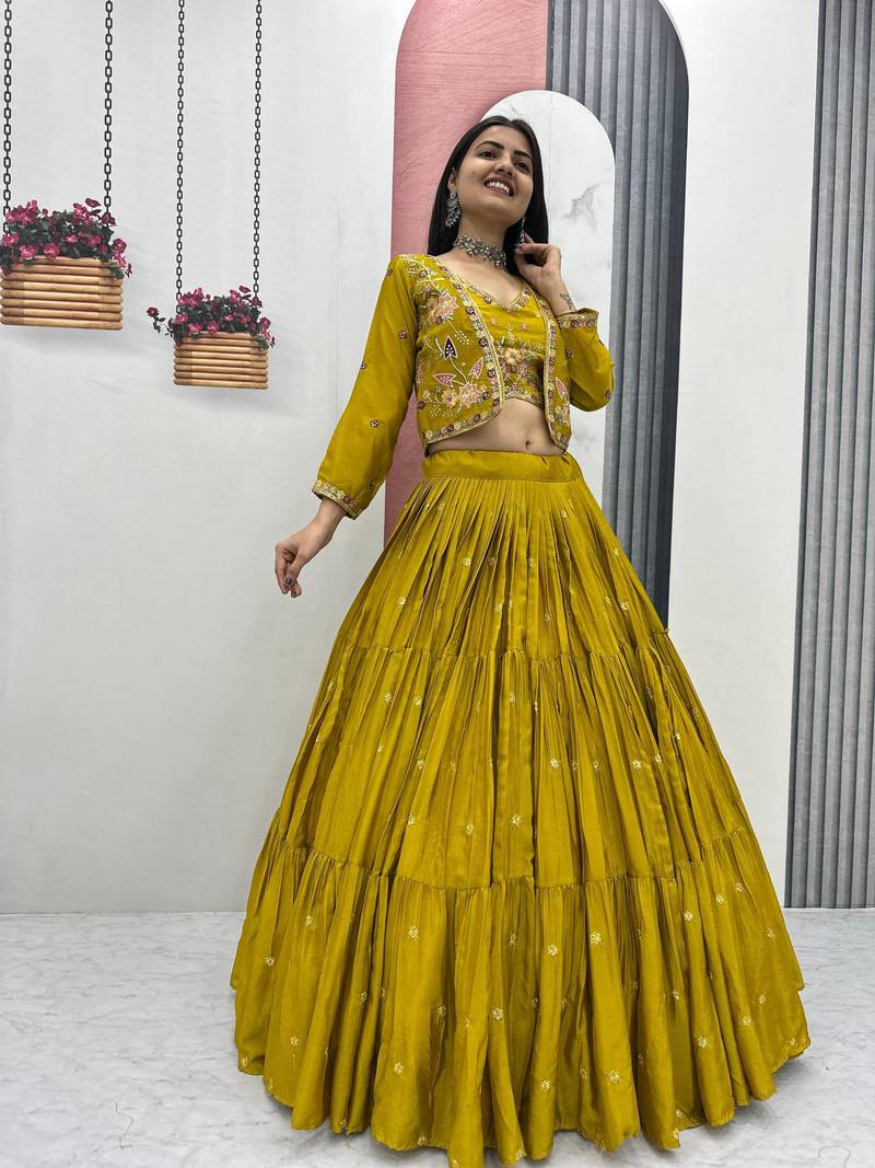 Mustard Chinon Embroidered Thread & Sequin Work Lehenga with Jacket Style Blouse
