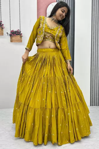Mustard Chinon Embroidered Thread & Sequin Work Lehenga with Jacket Style Blouse