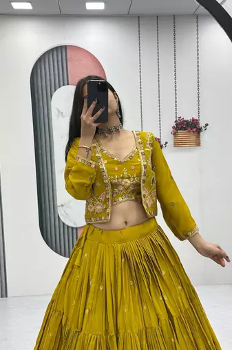 Mustard Chinon Embroidered Thread & Sequin Work Lehenga with Jacket Style Blouse