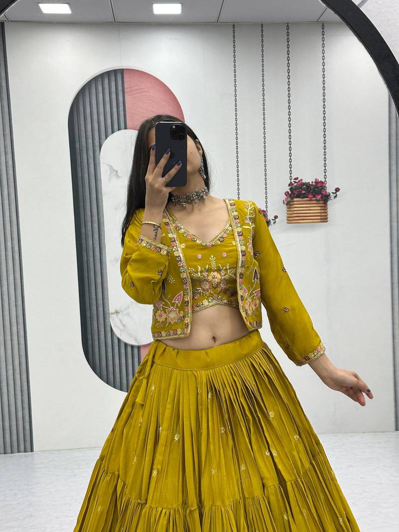 Mustard Chinon Embroidered Thread & Sequin Work Lehenga with Jacket Style Blouse