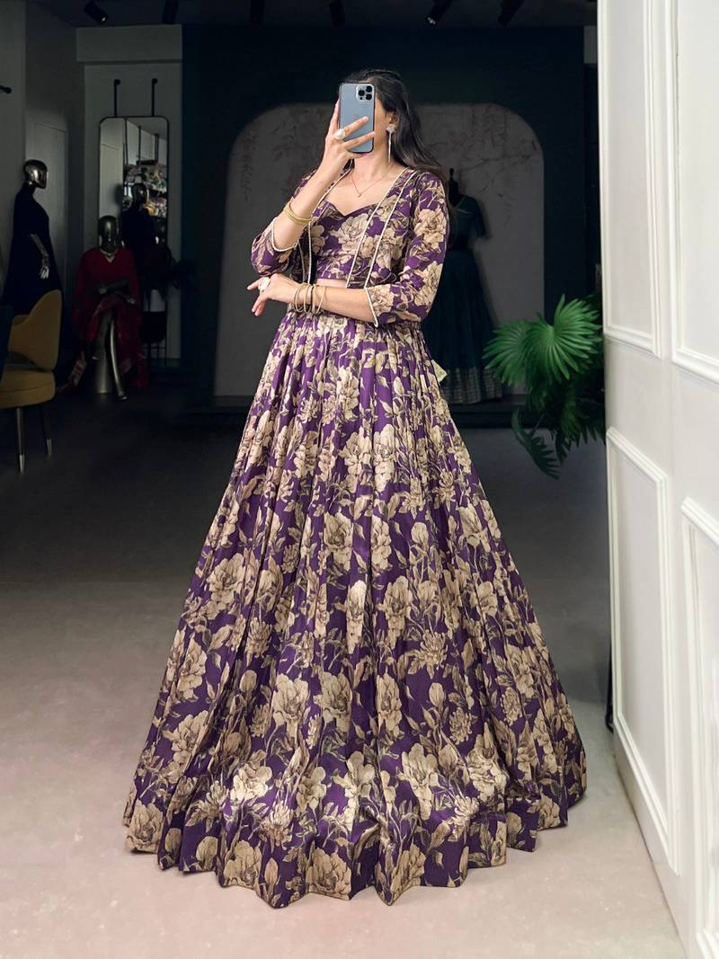 Lovender Floral Printed Tasar Silk Flared Lehenga with Stitched Blouse and Koti