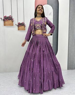 Purple Chinon Embroidered Thread & Sequin Work Lehenga with Jacket Style Blouse 1