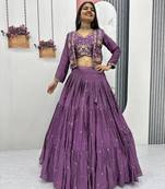 Purple Chinon Embroidered Thread & Sequin Work Lehenga with Jacket Style Blouse