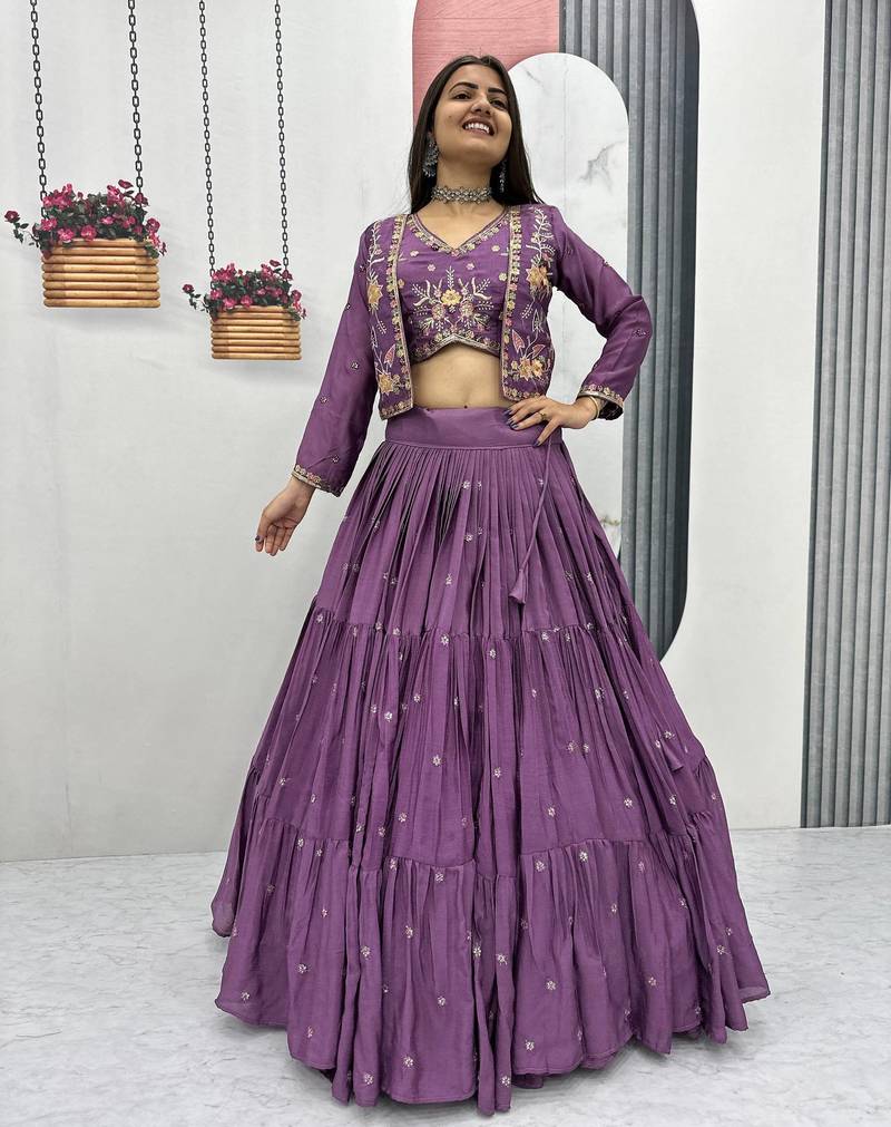 Purple Chinon Embroidered Thread & Sequin Work Lehenga with Jacket Style Blouse