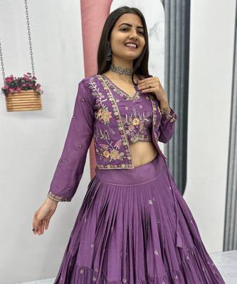 Purple Chinon Embroidered Thread & Sequin Work Lehenga with Jacket Style Blouse 2