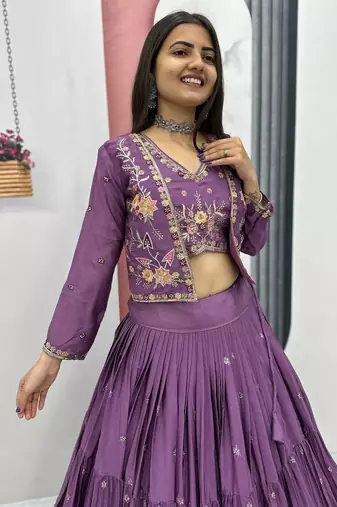Purple Chinon Embroidered Thread & Sequin Work Lehenga with Jacket Style Blouse