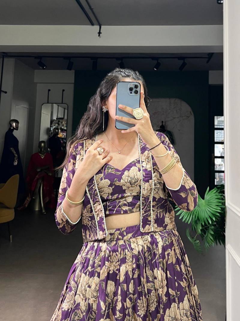 Lovender Floral Printed Tasar Silk Flared Lehenga with Stitched Blouse and Koti