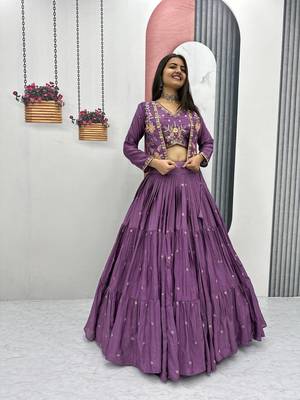 Purple Chinon Embroidered Thread & Sequin Work Lehenga with Jacket Style Blouse 3