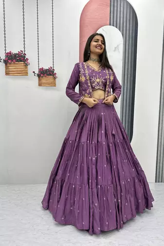 Purple Chinon Embroidered Thread & Sequin Work Lehenga with Jacket Style Blouse
