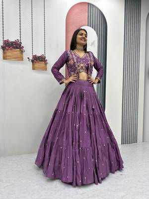 Purple Chinon Embroidered Thread & Sequin Work Lehenga with Jacket Style Blouse 4