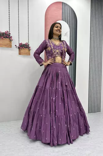Purple Chinon Embroidered Thread & Sequin Work Lehenga with Jacket Style Blouse