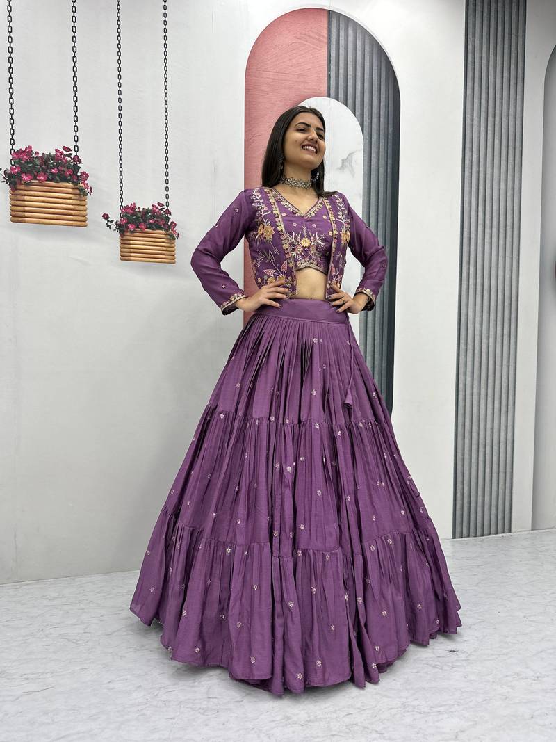 Purple Chinon Embroidered Thread & Sequin Work Lehenga with Jacket Style Blouse