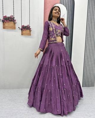 Purple Chinon Embroidered Thread & Sequin Work Lehenga with Jacket Style Blouse 5