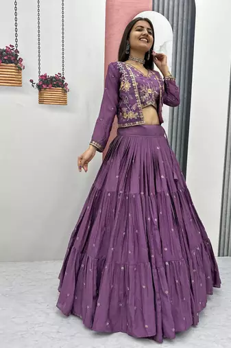 Purple Chinon Embroidered Thread & Sequin Work Lehenga with Jacket Style Blouse