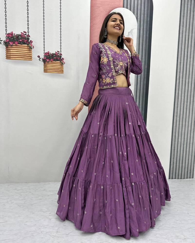 Purple Chinon Embroidered Thread & Sequin Work Lehenga with Jacket Style Blouse