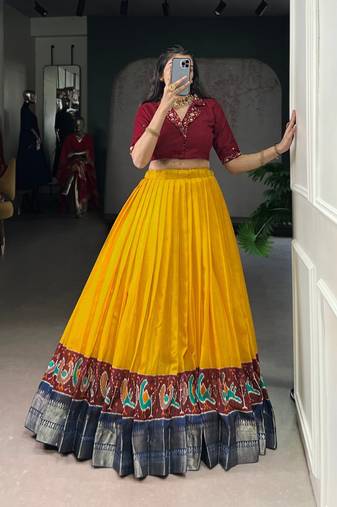 Musted yellow Printed Zari Weaving Poly Cotton Flared Lehenga with Stitched Handwork Cotton Blouse