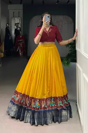 Musted yellow Printed Zari Weaving Poly Cotton Flared Lehenga with Stitched Handwork Cotton Blouse