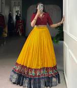 Musted yellow Printed Zari Weaving Poly Cotton Flared Lehenga with Stitched Handwork Cotton Blouse