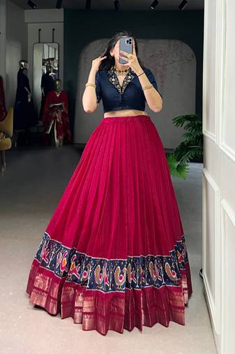 Pink Printed Zari Weaving Poly Cotton Flared Lehenga with Stitched Handwork Cotton Blouse