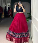 Pink Printed Zari Weaving Poly Cotton Flared Lehenga with Stitched Handwork Cotton Blouse