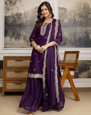 Trendmalls Purple Georgette Embroidery Sequence Work Kurta Palazzo Set with Dupatta 1